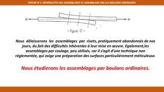 EXPOSÉ N°1: GÉNÉRALITÉS DES ASSEMBLAGES ET ASSEMBLAGE PAR LES BOULONS ORDINAIRES
Nous délaisserons les assemblages par rivets, pratiquement abandonnés de nos
jours, du fait des difficultés inhérentes à leur mise en œuvre. Egalement,les
assemblages par coulage, peu utilisés, car il s’agit d’une technique non
réglementée, qui exige une préparation des surfaces particulièrement méticuleuse.
Nous étudierons les assemblages par boulons ordinaires.
 