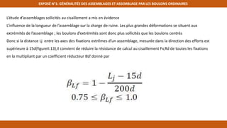 EXPOSÉ N°1: GÉNÉRALITÉS DES ASSEMBLAGES ET ASSEMBLAGE PAR LES BOULONS ORDINAIRES
L’étude d’assemblages sollicités au cisaillement a mis en évidence
L’influence de la longueur de l’assemblage sur la charge de ruine. Les plus grandes déformations se situent aux
extrémités de l’assemblage ; les boulons d’extrémités sont donc plus sollicités que les boulons centrés
Donc si la distance Lj entre les axes des fixations extrêmes d’un assemblage, mesurée dans la direction des efforts est
supérieure à 15d(figureII.13),il convient de réduire la résistance de calcul au cisaillement Fv,Rd de toutes les fixations
en la multipliant par un coefficient réducteur BLf donné par
 
