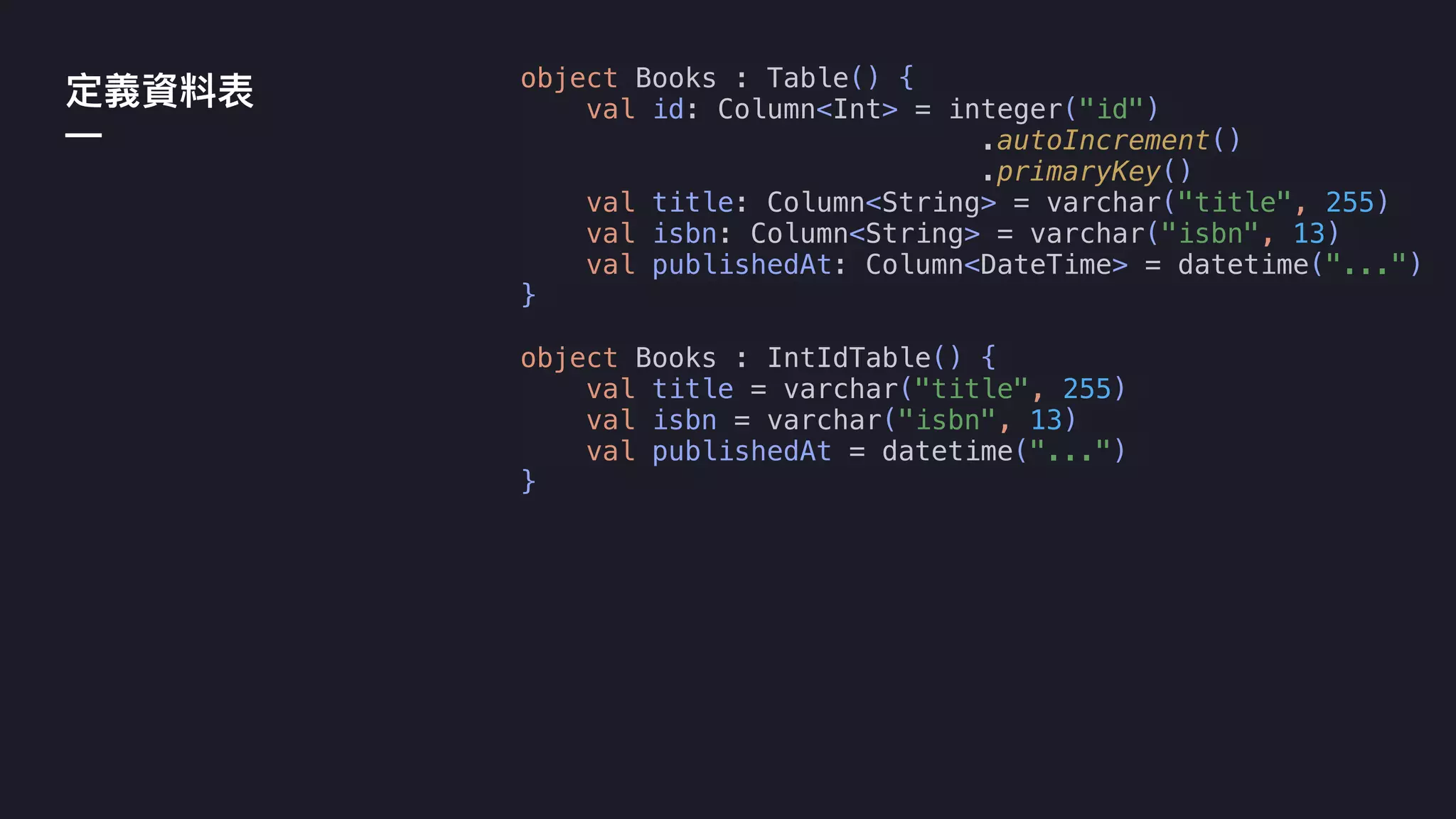 —
object Books : Table() {
val id: Column<Int> = integer("id")
.autoIncrement()
.primaryKey()
val title: Column<String> = varchar("title", 255)
val isbn: Column<String> = varchar("isbn", 13)
val publishedAt: Column<DateTime> = datetime("...")
}
object Books : IntIdTable() {
val title = varchar("title", 255)
val isbn = varchar("isbn", 13)
val publishedAt = datetime("...")
}
 