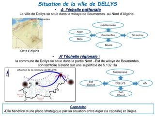 Situation de la ville de DELLYS
Carte d'Algérie
La ville de Dellys se situe dans la willaya de Boumerdes au Nord d’Algerie .
• A l’échelle nationale
Boumerdes Tizi ouzou
Alger
Bouira
méditerranée
Blida
la commune de Dellys se situe dans la partie Nord –Est de wilaya de Boumerdes,
son territoire s’étend sur une superficie de 5.132 Ha
• A’ l’échelle régionale :
DELLYS
Méditerrané
Ben
Choud
Sidi
Daoud
Afir
Constats:
-Elle bénéfice d’une place stratégique par sa situation entre Alger (la capitale) et Bejaia.
Boumerdes
situation de la commune de DELLYS
 