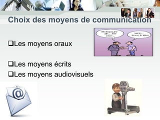 Choix des moyens de communication

Les moyens oraux

Les moyens écrits
Les moyens audiovisuels
 