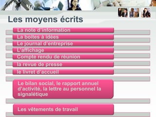 Les moyens écrits
  La note d’information
  La boites à idées
  Le journal d’entreprise
  L’affichage
  Compte rendu de réunion
  la revue de presse
  le livret d’accueil

  Le bilan social, le rapport annuel
  d’activité, la lettre au personnel la
  signalétique

  Les vêtements de travail
 
