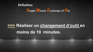 Définition
Single Minute Exchange of Die
==> Réaliser un changement d’outil en
moins de 10 minutes.
2
 