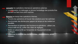 6
convertir les opérations internes en opérations externes.
 La préparation, le nettoyage ou encore l’emballage des produits finis
peuvent se faire hors arrêt machine.
Réduire les temps des opérations internes.
 Prendre les opérations et trouver des solutions pour les optimiser.
 Synchroniser des tâches pour gagner de temps en les mettant en
parallèle .
 Standardiser et optimiser des fonctions et opérations : utiliser une
unique taille de vis, unifier des côtes de réglages,
 Mettre en place le 5S sur l'ensemble de l'équipement et des
outillages.
 Supprimer si possible des tâches inutiles : déplacements, séries
d'essais...
 