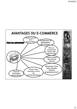 19/12/2010
21
Renforcement
de la
concurrence
Accélération de
globalisation
des marchés
Etre au
courant des
actions des
concurrents
Détermination
des prix de
marché
Disposition d’une
vaste clientèle
illimitée
géographiquement
Accès à des
nouveaux circuit
de
commercialisation
Cout de
transaction
moins élevés
 