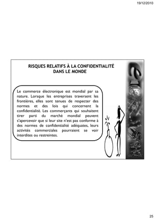 19/12/2010
25
Le commerce électronique est mondial par sa
nature. Lorsque les entreprises traversent les
frontières, elles sont tenues de respecter des
normes et des lois qui concernent la
confidentialité. Les commerçants qui souhaitent
tirer parti du marché mondial peuvent
s’apercevoir que si leur site n’est pas conforme à
des normes de confidentialité adéquates, leurs
activités commerciales pourraient se voir
interdites ou restreintes.
 