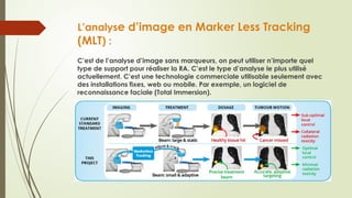 L’analyse d’image en Marker Less Tracking
(MLT) :
C’est de l’analyse d’image sans marqueurs, on peut utiliser n’importe quel
type de support pour réaliser la RA. C’est le type d’analyse le plus utilisé
actuellement. C’est une technologie commerciale utilisable seulement avec
des installations fixes, web ou mobile. Par exemple, un logiciel de
reconnaissance faciale (Total Immersion).
 
