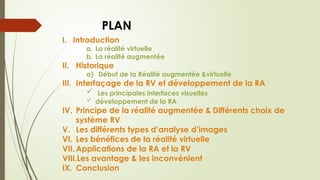 PLAN
I. Introduction
a. La réalité virtuelle
b. La réalité augmentée
II. Historique
a) Début de la Réalité augmentée &virtuelle
III. Interfaçage de la RV et développement de la RA
 Les principales interfaces visuelles
 développement de la RA
IV. Principe de la réalité augmentée & Différents choix de
système RV
V. Les différents types d’analyse d’images
VI. Les bénéfices de la réalité virtuelle
VII. Applications de la RA et la RV
VIII.Les avantage & les inconvénient
IX. Conclusion
 