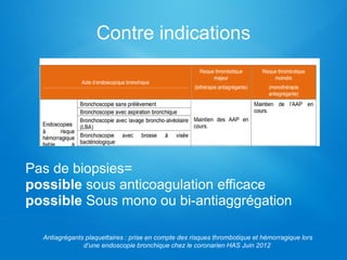 Contre indications
Pas de biopsies=
possible sous anticoagulation efficace
possible Sous mono ou bi-antiaggrégation
Antiagrégants plaquettaires : prise en compte des risques thrombotique et hémorragique lors
d’une endoscopie bronchique chez le coronarien HAS Juin 2012
 