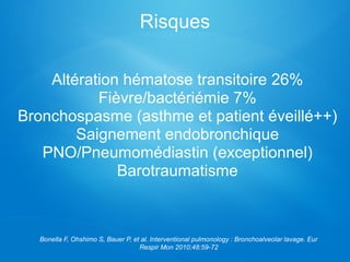 Risques
Altération hématose transitoire 26%
Fièvre/bactériémie 7%
Bronchospasme (asthme et patient éveillé++)
Saignement endobronchique
PNO/Pneumomédiastin (exceptionnel)
Barotraumatisme
Bonella F, Ohshimo S, Bauer P, et al. Interventional pulmonology : Bronchoalveolar lavage. Eur
Respir Mon 2010;48:59-72
 