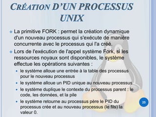  La primitive FORK : permet la création dynamique
d'un nouveau processus qui s'exécute de manière
concurrente avec le processus qui l'a créé.
 Lors de l'exécution de l'appel système Fork, si les
ressources noyaux sont disponibles, le système
effectue les opérations suivantes :
 le système alloue une entrée à la table des processus
pour le nouveau processus
 le système alloue un PID unique au nouveau processus
 le système duplique le contexte du processus parent : le
code, les données, et la pile
 le système retourne au processus père le PID du
processus crée et au nouveau processus (le fils) la
valeur 0.
25
 