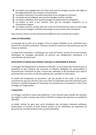  Les leaders sont engagés dans une vision, alors que les managers soucieux des règles et
   des réglementations, sont centrés sur la procédure.
  Les leaders cherchent à connaître le pourquoi et les managers le comment.
  Les leaders savent déléguer, alors que les managers veulent contrôler.
  Les leaders simplifient, alors que les managers se plaisent dans la complexité.
  Les leaders se fient à leur intuition, alors que les managers s'appuient sur le
   raisonnement logique.
  Les leaders tiennent compte dans leur vision de l'environnement social au sens large,
   alors que les managers se limitent davantage à ce qui se passe dans l'entreprise.

Nous avons pu relever une autre dimension de différence dans la manière de travailler :

FAIRE UN PROGRAMME :

Le manager fait un plan et un budget: il fixe les étapes détaillées et les calendriers pour
parvenir aux résultats recherchés. Il attribue ensuite les ressources nécessaires pour que les
choses se réalisent.

Le leader fixe l'orientation : il développe une vision de l'avenir, souvent d'un avenir lointain.
Développer les stratégies permettant de parvenir aux changements nécessaires à la
concrétisation de cette vision

DEVELOPPER UN RESEAU RELATIONNEL POUR QUE LE PROGRAMME SE REALISE :

Le manager fait l'Organisation et dotation en effectifs : il met en place des structures pour la
réalisation du plan, dotation des structures en effectifs, délégation de responsabilité et
d'autorité pour l'exécution du plan, il fourni des, méthodes et de procédures pour aider le
personnel dans son action, il crée des systèmes pour surveiller la mise la place.

Le leader fait l'adaptation du personnel : par des paroles et des actes, il fait prendre
conscience du cap qui a été pris à tous ceux dont la coopération peut être nécessaire, pour
favoriser la création d'équipes et de groupes qui comprennent et acceptent la vision et les
stratégies de l'organisation.

L’EXECUTION :

Le manager contrôle et résout des problèmes : il fait l'examen assez détaillé des résultats,
par rapport au plan .Il analyse des, écarts, il Planifie et prépare des réponses aux problèmes
identifiés.

Le leader stimule les gens pour qu'ils triomphent des principaux obstacles politiques,
bureautiques et humains et qu'ils fassent évoluer, en les satisfaisant, les aspirations du
personnel qui sont élémentaires mais souvent insatisfaites.




                                                                               30
 