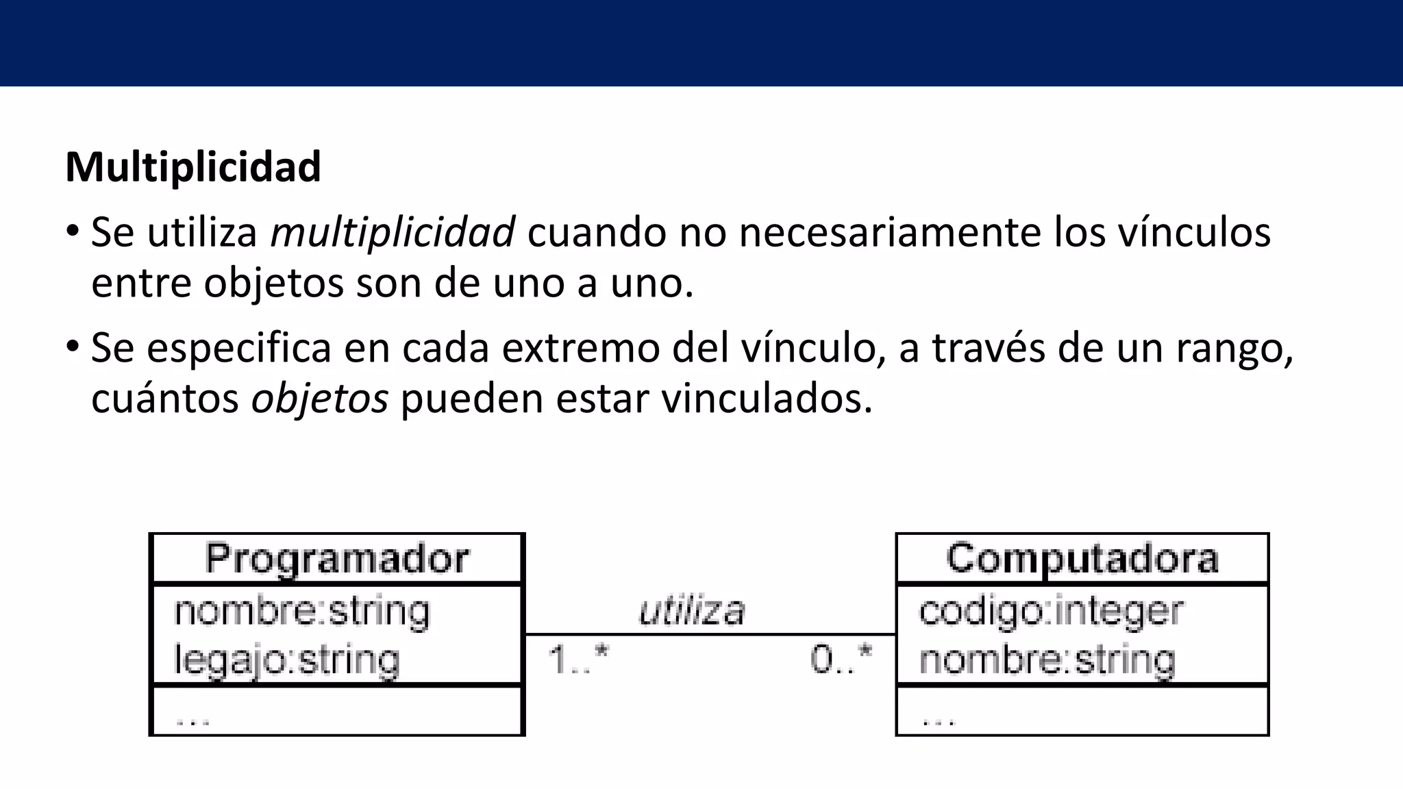 Multiplicidad
• Se utiliza multiplicidad cuando no necesariamente los vínculos
entre objetos son de uno a uno.
• Se especifica en cada extremo del vínculo, a través de un rango,
cuántos objetos pueden estar vinculados.
 