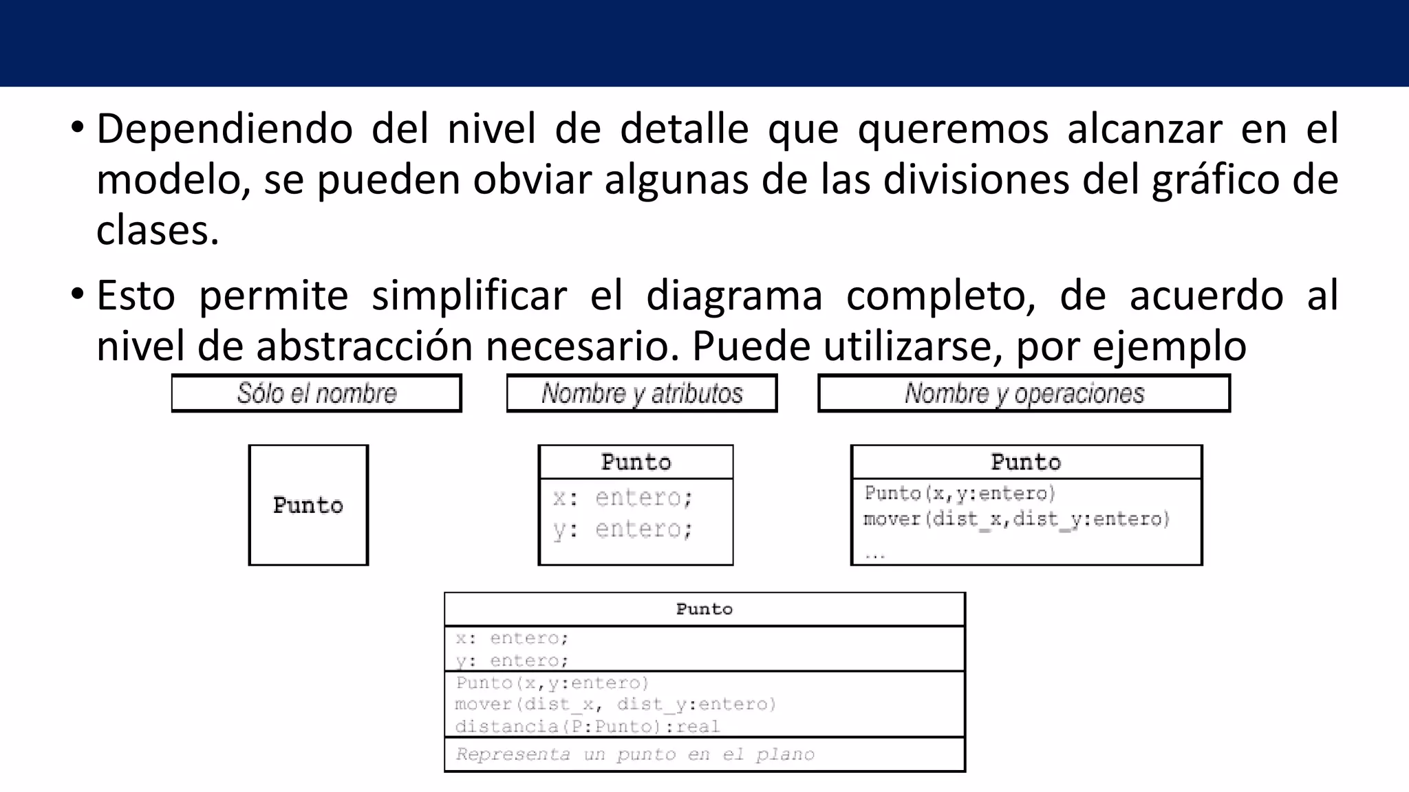 • Dependiendo del nivel de detalle que queremos alcanzar en el
modelo, se pueden obviar algunas de las divisiones del gráfico de
clases.
• Esto permite simplificar el diagrama completo, de acuerdo al
nivel de abstracción necesario. Puede utilizarse, por ejemplo
 