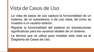 Vista de Casos de Uso
◦ La vista de casos de uso captura la funcionalidad de un
sistema, de un subsistema, o de una clase, tal como se
muestra a un usuario exterior.
◦ Reparte la funcionalidad del sistema en transacciones
significativas para los usuarios ideales de un sistema.
◦ La técnica que se utiliza para modelar esta vista es el
Diagrama de Casos de Uso.
 