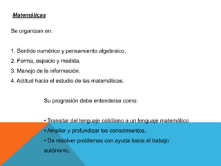 Se organizan en:
1. Sentido numérico y pensamiento algebraico.
2. Forma, espacio y medida.
3. Manejo de la información.
4. Actitud hacia el estudio de las matemáticas.
Su progresión debe entenderse como:
• Transitar del lenguaje cotidiano a un lenguaje matemático
• Ampliar y profundizar los conocimientos.
• De resolver problemas con ayuda hacia el trabajo
autónomo.
Matemáticas
 