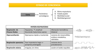 Coma
Parámetros
semiológicos
A. Ritmo respiratorio
B. Estado pupilar
C. Motilidad ocular
D. Motilidad general
PATRÓN RESPIRATORIO
Respiración de
Cheyne‐Stokes
Taquipnea, ↑ amplitud
Desciende hasta breve apnea
Afectación hemisférica
bilateral
Hiperventilación Hiperapnea rápida y mantenida Lesiones de mesencéfalo,
acidosis metabólica,
salicilatos.
Respiración apneúsica Fase inspiratoria larga =>
porapnea prolongada
Lesiones de la
protuberancia
Respiración atáxica Irregular, sin ritmo Lesión en bulbo raquídeo
 