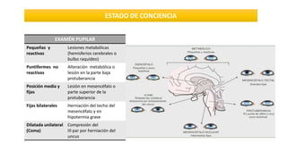 EXAMÉN PUPILAR
Pequeñas y
reactivas
Lesiones metabólicas
(hemisferios cerebrales o
bulbo raquídeo)
Puntiformes no
reactivas
Alteración metabólica o
lesión en la parte baja
protuberancia
Posición media y
fijas
Lesión en mesencéfalo o
parte superior de la
protuberancia
Fijas bilaterales Herniación del techo del
mesencéfalo y en
hipotermia grave
Dilatada unilateral
(Coma)
Compresión del
III par por herniación del
uncus
 