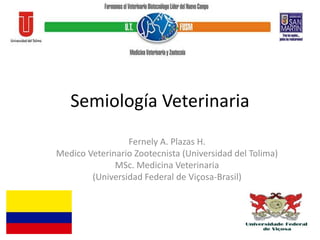Semiología Veterinaria
Fernely A. Plazas H.
Medico Veterinario Zootecnista (Universidad del Tolima)
MSc. Medicina Veterinaria
(Universidad Federal de Viçosa-Brasil)
 