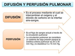 • Es el proceso mediante el cual se
intercambian el oxigeno y el
dióxido de carbono en la interfaz
aire-sangre.
DIFUSIÓN
• Es el flujo de sangre actual a través de
la circulación pulmonar
• La circulación pulmonar se considera
un sistema de baja presión porque la
sistólica arteria pulmonar es 20 a 30
mm Hg y la diastólica 5 a 15 mm Hg.
PERFUSIÓN
DIFUSIÓN Y PERFUSIÓN PULMONAR
 