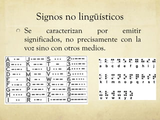 Signos no lingüísticos Se caracterizan por emitir significados, no precisamente con la voz sino con otros medios. 
