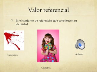 Valor referencial Es el conjunto de referencias que constituyen su identidad. Crómatica Gustativa Acústica 