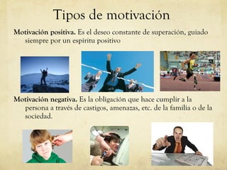 Tipos de motivación Motivación positiva.  Es el deseo constante de superación, guiado siempre por un espíritu positivo Motivación negativa.  Es la obligación que hace cumplir a la persona a través de castigos, amenazas, etc. de la familia o de la sociedad. 