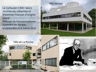 Le Corbusier (1887-1965):
Architecte, urbaniste et
théoricien français d’origine
suisse
Partisan du fonctionnalisme
Il préféré les formes
sculpturales et le béton brut
Villa de La Roche
Villa Savoye
 