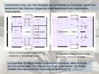 L’immeuble conçu par des disciples de l’architecte Le Corbusier cache non
seulement des histoires intrigantes mais également une organisation
intéressante.
Plan du rez-de-chaussée de deux cellules
juxtaposées, immeuble principal
Plan du premier étage de deux cellules
juxtaposées, immeuble principal
Le projet final de l'Aéro-habitat comporte 300 logements, allant du studio
aux cinq pièces, avec une majorité de trois et quatre pièces. Les duplex
installés dans les immeubles hauts sont de type F3 ou F4.
 