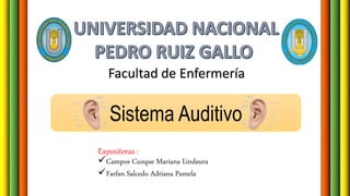 Facultad de Enfermería
Sistema Auditivo
Expositoras :
Campos Cuzque Mariana Lindaura
Farfan Salcedo Adriana Pamela
 