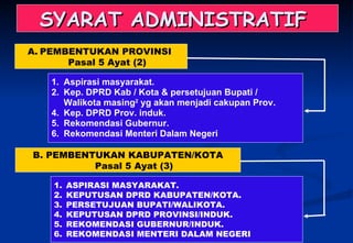 SYARAT ADMINISTRATIF  PEMBENTUKAN PROVINSI  Pasal 5 Ayat (2) Aspirasi masyarakat. Kep. DPRD Kab / Kota & persetujuan Bupati /  Walikota masing 2  yg akan menjadi cakupan Prov. Kep.  DPRD P rov. induk.  Rekomendasi Gubernur. Rekomendasi Menteri Dalam Negeri ASPIRASI MASYARAKAT. KEPUTUSAN DPRD KABUPATEN/KOTA. PERSETUJUAN BUPATI/WALIKOTA. KEPUTUSAN DPRD PROVINSI/INDUK.  REKOMENDASI GUBERNUR/INDUK. REKOMENDASI MENTERI DALAM NEGERI B. PEMBENTUKAN KABUPATEN/KOTA Pasal 5 Ayat (3) 