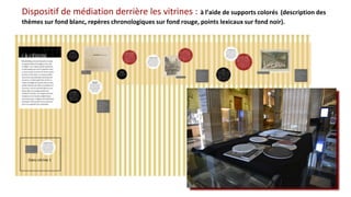 Dispositif de médiation derrière les vitrines : à l’aide de supports colorés (description des
thèmes sur fond blanc, repères chronologiques sur fond rouge, points lexicaux sur fond noir).
 