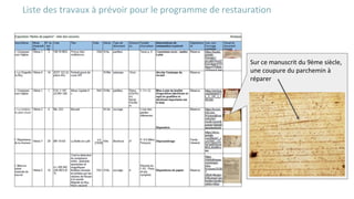 Liste des travaux à prévoir pour le programme de restauration
Sur ce manuscrit du 9ème siècle,
une coupure du parchemin à
réparer
 