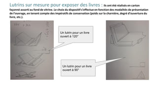Lutrins sur mesure pour exposer des livres : ils ont été réalisés en carton
façonné assorti au fond de vitrine. Le choix du dispositif s’effectue en fonction des modalités de présentation
de l’ouvrage, en tenant compte des impératifs de conservation (poids sur la charnière, degré d’ouverture du
livre, etc.).
Un lutrin pour un livre
ouvert à 120°
Un lutrin pour un livre
ouvert à 90°
 