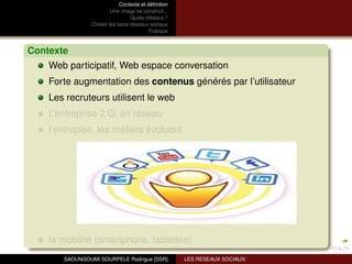 Contexte et déﬁnition
                         Une image se construit...
                                 Quels réseaux ?
                Choisir les bons réseaux sociaux
                                          Pratique



Contexte
    Web participatif, Web espace conversation
    Forte augmentation des contenus générés par l’utilisateur
    Les recruteurs utilisent le web
    L’entreprise 2.O, en réseau
    l’entrepise, les métiers évoluent




    la mobilité (smartphons, tablettes)
       SAOUNGOUMI SOURPELE Rodrigue [SSR]            LES RESEAUX SOCIAUX:
 