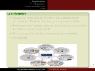 Contexte et déﬁnition
                         Une image se construit...
                                 Quels réseaux ?
                Choisir les bons réseaux sociaux
                                          Pratique



La e-réputation
    Ce que l’on dit de vous sur le web => une oppportunité de
    construire son Personal Branding (sa marque personnelle)
    Faire de soi une «marque» pour se promouvoir sur le marché de
    l’emploi ou auprès de ses clients
    Etre remarquable pour être remarqué(e), recommandé(e)
    Etre proactif




       SAOUNGOUMI SOURPELE Rodrigue [SSR]            LES RESEAUX SOCIAUX:
 