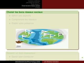 Contexte et déﬁnition
                         Une image se construit...
                                 Quels réseaux ?
                Choisir les bons réseaux sociaux
                                          Pratique



Choisir les bons réseaux sociaux
    déﬁnir ses objectifs
    Comprendre les réseaux
    Etablir votre présence




Devenir un bon réseauteur
    Savoir bien s’entourer
    Donner pourSOURPELE Rodrigue [SSR]
       SAOUNGOUMI
                  recevoir                           LES RESEAUX SOCIAUX:
 