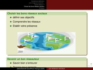 Contexte et déﬁnition
                         Une image se construit...
                                 Quels réseaux ?
                Choisir les bons réseaux sociaux
                                          Pratique



Choisir les bons réseaux sociaux
    déﬁnir ses objectifs
    Comprendre les réseaux
    Etablir votre présence




Devenir un bon réseauteur
    Savoir bien s’entourer
    Donner pourSOURPELE Rodrigue [SSR]
       SAOUNGOUMI
                  recevoir                           LES RESEAUX SOCIAUX:
 