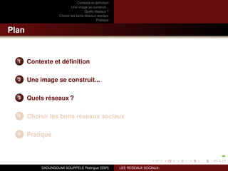 Contexte et déﬁnition
                              Une image se construit...
                                      Quels réseaux ?
                     Choisir les bons réseaux sociaux
                                               Pratique


Plan


  1    Contexte et déﬁnition

  2    Une image se construit...

  3    Quels réseaux ?

  4    Choisir les bons réseaux sociaux

  5    Pratique




            SAOUNGOUMI SOURPELE Rodrigue [SSR]            LES RESEAUX SOCIAUX:
 