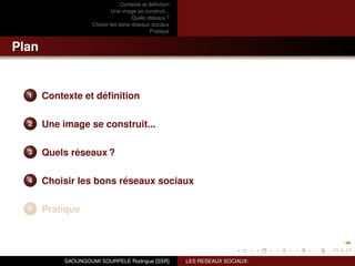 Contexte et déﬁnition
                              Une image se construit...
                                      Quels réseaux ?
                     Choisir les bons réseaux sociaux
                                               Pratique


Plan


  1    Contexte et déﬁnition

  2    Une image se construit...

  3    Quels réseaux ?

  4    Choisir les bons réseaux sociaux

  5    Pratique




            SAOUNGOUMI SOURPELE Rodrigue [SSR]            LES RESEAUX SOCIAUX:
 