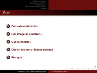Contexte et déﬁnition
                              Une image se construit...
                                      Quels réseaux ?
                     Choisir les bons réseaux sociaux
                                               Pratique


Plan


  1    Contexte et déﬁnition

  2    Une image se construit...

  3    Quels réseaux ?

  4    Choisir les bons réseaux sociaux

  5    Pratique




            SAOUNGOUMI SOURPELE Rodrigue [SSR]            LES RESEAUX SOCIAUX:
 