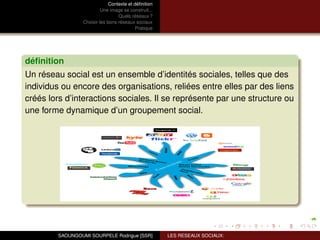 Contexte et déﬁnition
                           Une image se construit...
                                   Quels réseaux ?
                  Choisir les bons réseaux sociaux
                                            Pratique




déﬁnition
Un réseau social est un ensemble d’identités sociales, telles que des
individus ou encore des organisations, reliées entre elles par des liens
créés lors d’interactions sociales. Il se représente par une structure ou
une forme dynamique d’un groupement social.




         SAOUNGOUMI SOURPELE Rodrigue [SSR]            LES RESEAUX SOCIAUX:
 