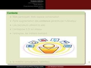 Contexte et déﬁnition
                         Une image se construit...
                                 Quels réseaux ?
                Choisir les bons réseaux sociaux
                                          Pratique



Contexte
    Web participatif, Web espace conversation
    Forte augmentation des contenus générés par l’utilisateur
    Les recruteurs utilisent le web
    L’entreprise 2.O, en réseau
    l’entrepise, les métiers évoluent




    la mobilité (smartphons, tablettes)
       SAOUNGOUMI SOURPELE Rodrigue [SSR]            LES RESEAUX SOCIAUX:
 