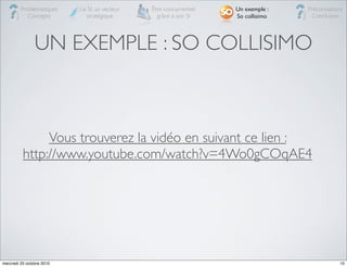 Problématiques    Le SI, un vecteur   Être concurrentiel   Un exemple :   Préconisations
            Concepts         stratégique         grâce à son SI     So collisimo    Conclusion




                UN EXEMPLE : SO COLLISIMO



               Vous trouverez la vidéo en suivant ce lien :
          http://www.youtube.com/watch?v=4Wo0gCOqAE4




mercredi 20 octobre 2010                                                                       10
 