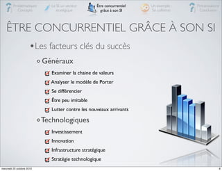 Problématiques       Le SI, un vecteur    Être concurrentiel   Un exemple :   Préconisations
            Concepts            stratégique          grâce à son SI     So collisimo    Conclusion




   ÊTRE CONCURRENTIEL GRÂCE À SON SI
                     •Les facteurs clés du succès
                           Généraux
                              Examiner la chaine de valeurs
                             Analyser le modèle de Porter
                              Se différencier
                              Être peu imitable
                              Lutter contre les nouveaux arrivants

                           Technologiques
                              Investissement
                              Innovation
                              Infrastructure stratégique
                              Stratégie technologique
mercredi 20 octobre 2010                                                                            8
 