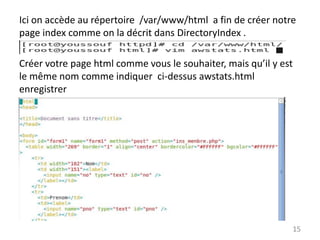 Ici on accède au répertoire /var/www/html a fin de créer notre
page index comme on la décrit dans DirectoryIndex .

Créer votre page html comme vous le souhaiter, mais qu’il y est
le même nom comme indiquer ci-dessus awstats.html
enregistrer

15

 