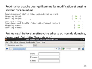 Redémarrer apache pour qu’il prenne les modification et aussi le
serveur DNS en même

Puis ouvrez Firefox et mettez votre adresse ou nom du domaine,
de ma part c’est : http://awstats,org/

16

 