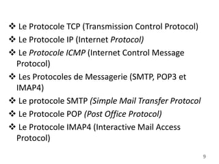  Le Protocole TCP (Transmission Control Protocol)
 Le Protocole IP (Internet Protocol)
 Le Protocole ICMP (Internet Control Message
Protocol)
 Les Protocoles de Messagerie (SMTP, POP3 et
IMAP4)
 Le protocole SMTP (Simple Mail Transfer Protocol
 Le Protocole POP (Post Office Protocol)
 Le Protocole IMAP4 (Interactive Mail Access
Protocol)
9

 