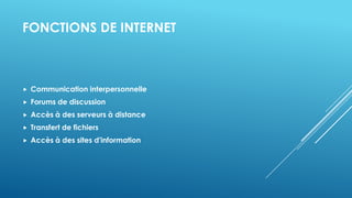 FONCTIONS DE INTERNET
 Communication interpersonnelle
 Forums de discussion
 Accès à des serveurs à distance
 Transfert de fichiers
 Accès à des sites d'information
 