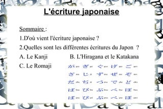 L'écriture japonaise
Sommaire :
1.D'où vient l'écriture japonaise ?
2.Quelles sont les différentes écritures du Japon ?
A. Le Kanji
C. Le Romaji

B. L'Hiragana et le Katakana

 
